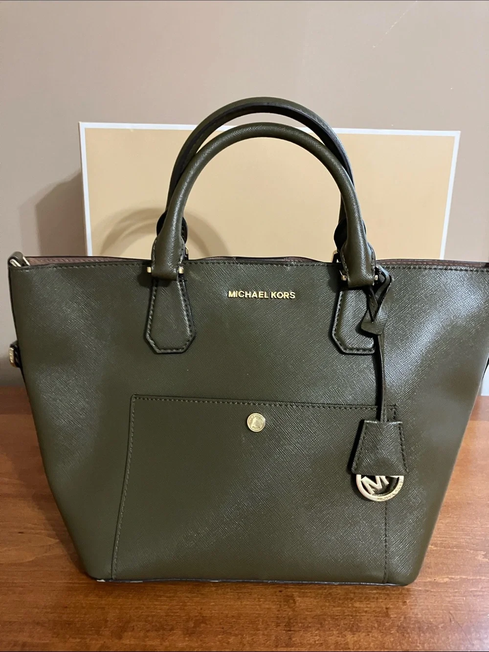 Michael Kors Olive Saffiano Satchel with Gold Hardware